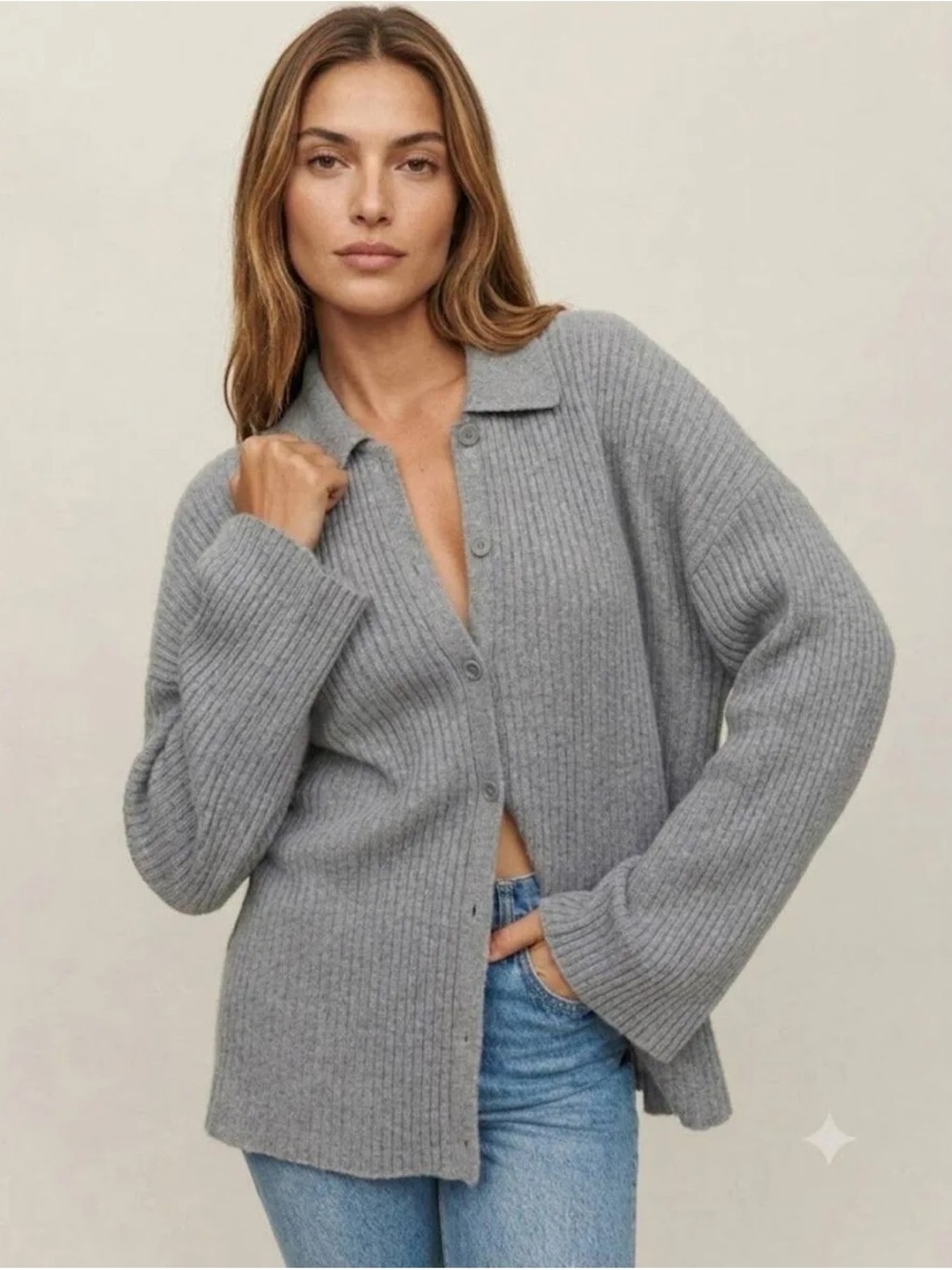 Reformation Ribbed Button-Up Cardigan - Gray